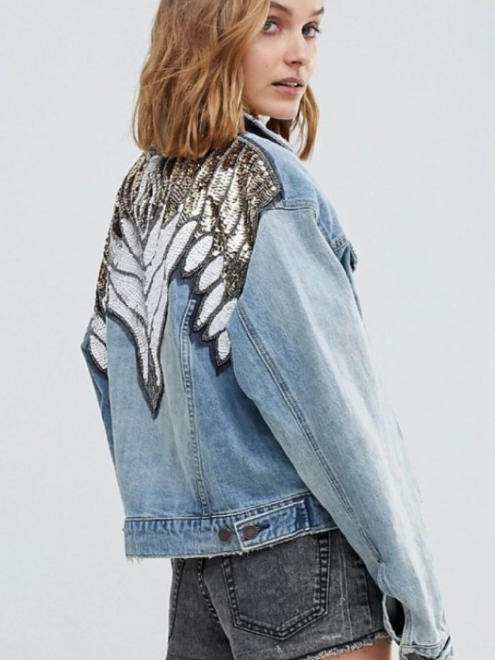 Free People Glam Embellished Denim Jacket Sequin Wings Western Glam HTF Boho XS